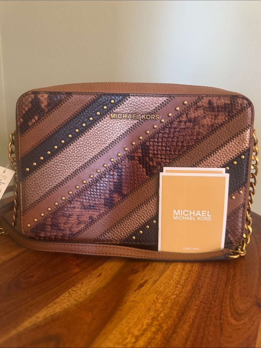 Michael Kors Brown & Rose Gold Snake-Embossed Diagonal Stripe Crossbody